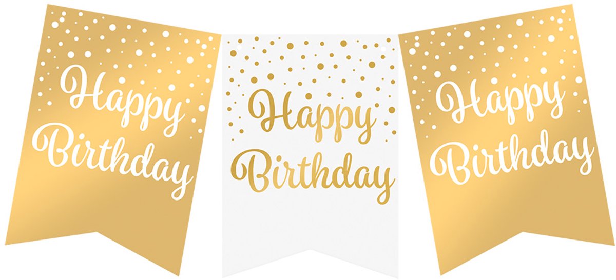 Vlaggenlijn | Set á 3 stuks | Feestvlaggen banner goud wit | met tekst Happy Birthday | 6 meter | hoogte 20 cm | 10 vlaggen